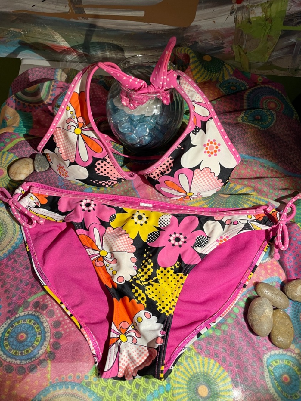 Arizona Jean Company Pink Floral Halter Bikini Set with Yellow & Black Accents